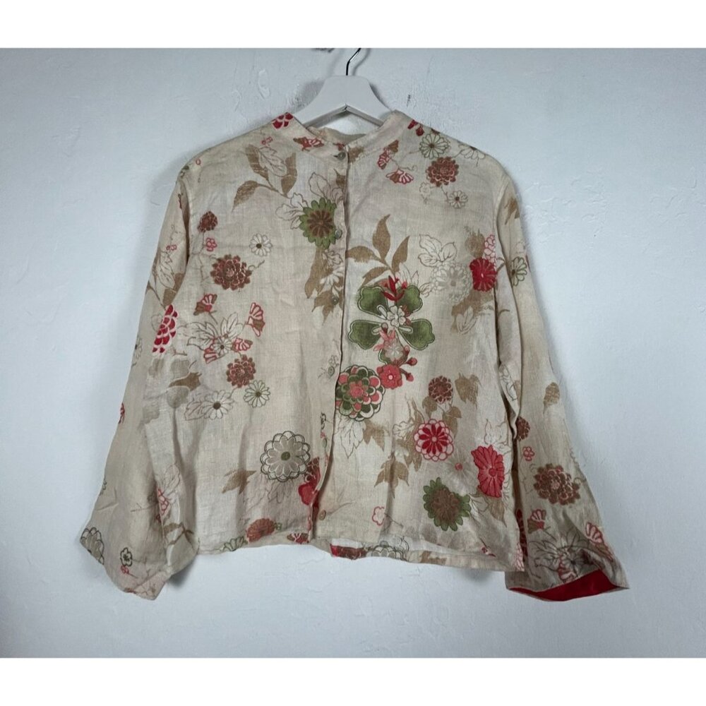 Chico's Womens Floral Linen Button-Up Shirt Size 1 Beige Red Lightweight Casual